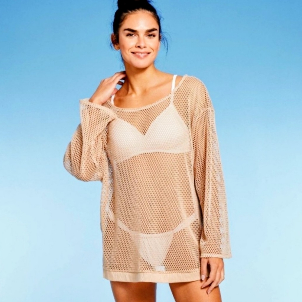 SHADE & SHORE Sz L Tan Crochet Long Sleeve Sweater/Cover-up